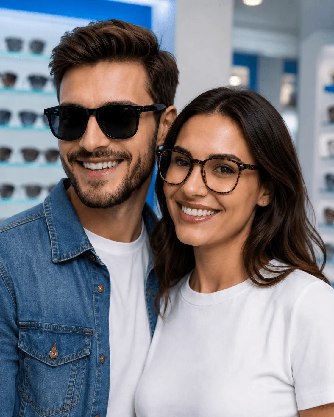 Casal sorridente usando óculos de grau e óculos de sol da Óticas Descontão em Foz do Iguaçu